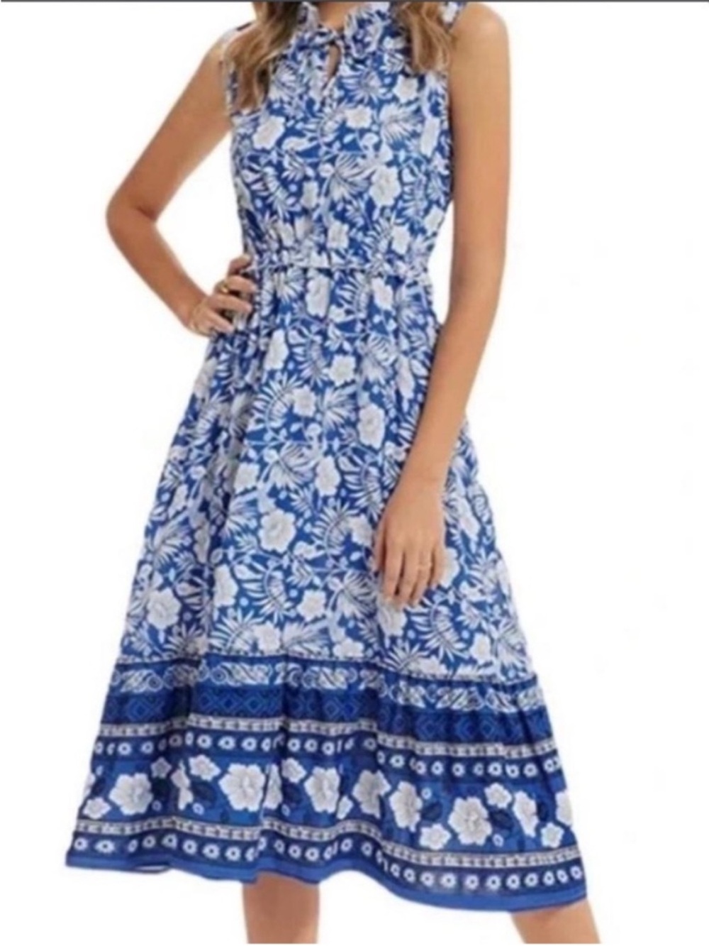 Sleeveless Blue Floral Midi Dress